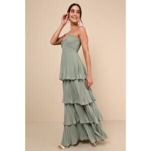 Seriously Sensational Sage Brush Strapless Tiered Maxi Dress -